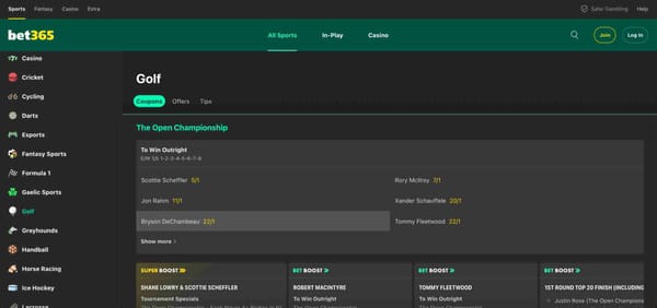 Bet365 golf betting odds screen showing The Open Championship markets, which may be unavailable for cash out depending on live play and bet conditions.
