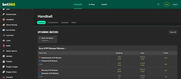 Bet365 handball betting screen showing Euro U19 Women’s matches and odds, related to how long does Bet365 withdrawal take NZ.