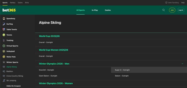 Screenshot of the Bet365 alpine skiing section, showing Winter Olympics and World Cup betting options — helpful for understanding where to use Bet365 bonus bets and when they might expire.
