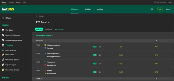 Screenshot of Bet365 showing T20 Blast match odds and betting options, useful for international students in Canada wondering "is Bet365 legal in Canada for international students."