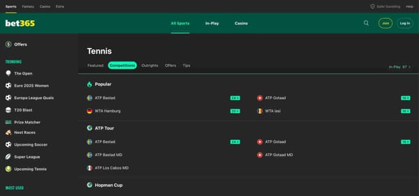 Screenshot of the Bet365 tennis betting section showing ongoing ATP and WTA competitions, useful for understanding what happens if a tennis player retires on Bet365.