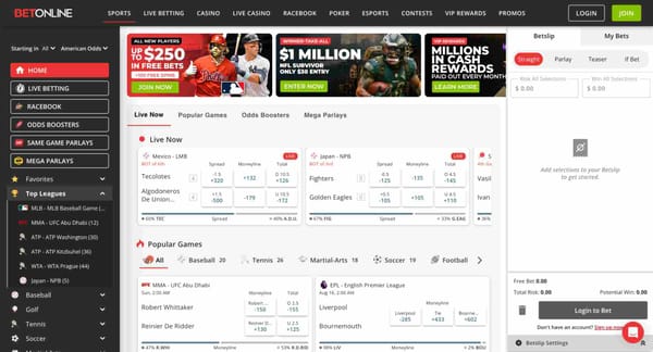 Screenshot of the BetOnline homepage showing live betting options, including baseball and MMA, relevant to users asking does BetOnline accept JazzCash Pakistan.