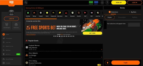 888sport homepage with betting options and free bet offer, useful when asking does 888sport accept Mpesa.
