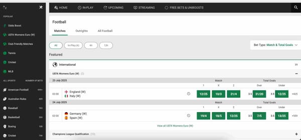Unibet odds for UEFA Women’s Euro matches, showing betting markets.