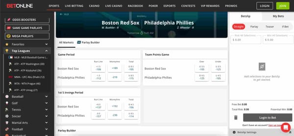 BetOnline MLB odds screen showing Red Sox vs. Phillies, related to what is BetOnline enhanced verification.