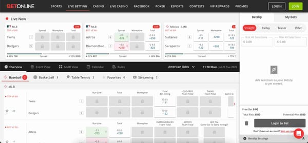 Live in-game betting interface on BetOnline, showing baseball match stats and bet options — useful for understanding how BetOnline works and if it requires KYC.