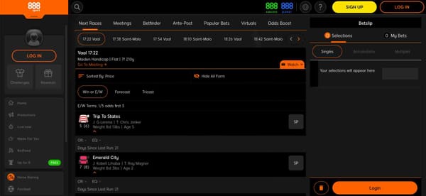 Screenshot of the 888sport horse racing betting interface showing upcoming races, odds, and betting options—helpful for those wondering, is 888sport legal in Tennessee?