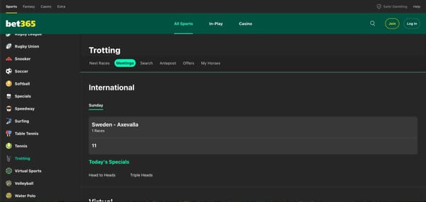 Bet365 trotting races menu showing Sweden – Axevalla event.