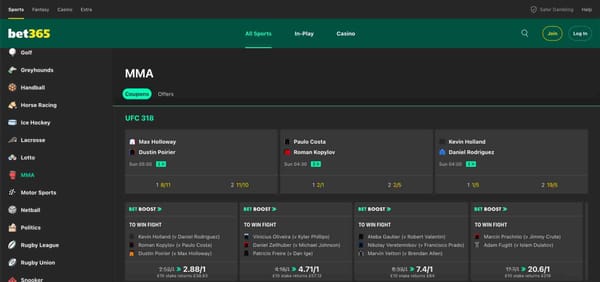 Screenshot of Bet365 MMA betting interface showing UFC 318 matchups and odds, useful when exploring where Bet365 gets their stats from.