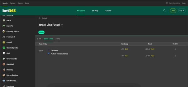 Screenshot of Bet365 Brazil Liga Futsal betting lines, displaying odds and game information—often used to explore whether Bet365 is available in Florida.