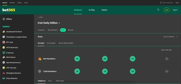 Lottery stats on Bet365 showing hot and cold numbers for Irish Daily Million – relevant for UAE users exploring Bet365 crypto deposit options.