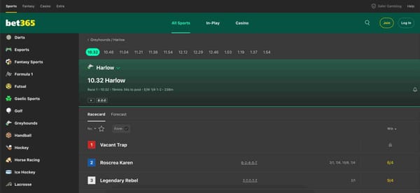 Bet365 greyhound race betting options for Harlow, with upcoming races and odds displayed on the platform for South African users.