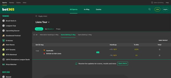 Bet365 rugby betting odds for Lions Tour with handicap options.