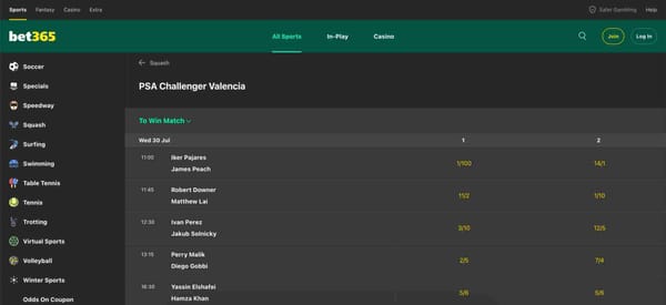 Bet365 betting odds for the PSA Challenger Valencia squash matches, showcasing different match odds and times.