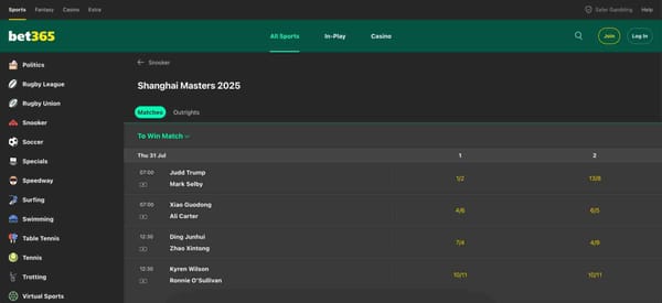 Bet365 snooker betting odds for the Shanghai Masters 2025, featuring top players like Judd Trump and Ronnie O'Sullivan — is Bet365 available in Michigan for placing these bets?