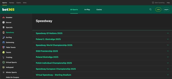 Bet365 Speedway betting options for Poland 2 Ekstraliga 2025 and World Championship.