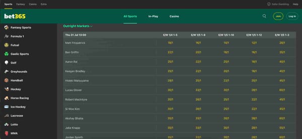 Bet365 sports betting odds and participants, highlighting a potential Bet365 deposit declined but money taken issue.