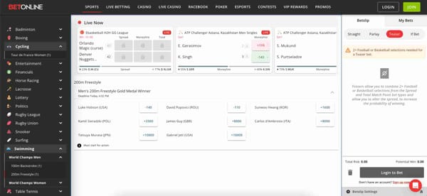 Live betting screen on BetOnline showing cycling and swimming odds — useful when asking 'can I have 2 BetOnline accounts' for multiple sports interests.
