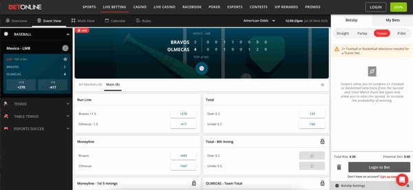 BetOnline live betting screen showing a baseball game between Bravos and Olmecas, highlighting odds and markets available for betting in Tennessee.