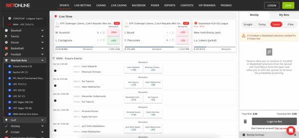 Live betting screen on BetOnline showing MMA match odds and teaser bet warning, useful for troubleshooting BetOnline deposit not showing up issues.