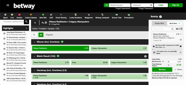 Screenshot of Betway's CFL betting options for Ottawa Redblacks vs Calgary Stampeders, relevant for users asking “is Betway available in Australia.”