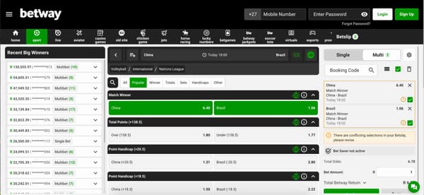 Betway volleyball match between China and Brazil with odds for match winner and total points using bet credits.