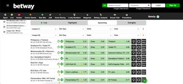 Live football betting odds and upcoming matches on Betway showing various win/draw odds – useful for understanding how Betway does return include stake in betting slips.