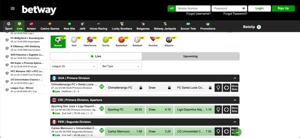Live football betting interface on Betway showing current match odds and status, useful for understanding what happens if a game is suspended on Betway.