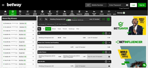 Live ice hockey betting interface on Betway during a U20 match, useful for users exploring Betway PIX deposit Brazil options.
