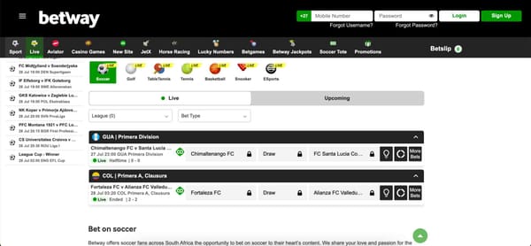 Live Betway sports betting screen showing ongoing matches and odds, useful context for issues like 'Betway deposit declined but money taken'.