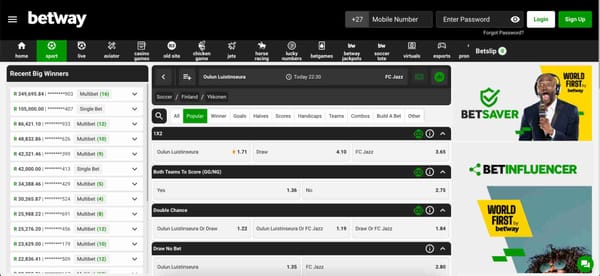 Betway betting interface showing odds for Oulun Luistinseura vs FC Jazz – guide on how to withdraw from Betway in Vietnam.