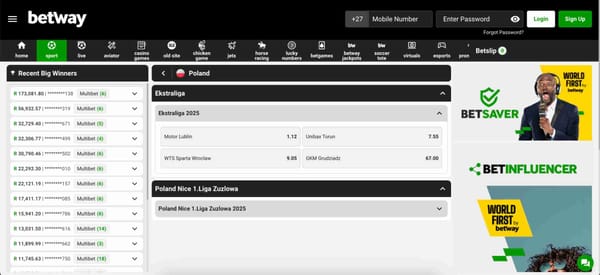 Betway sports betting interface showing Poland Ekstraliga 2025 odds and recent big winners — a popular view for Betway UPI deposit India users.
