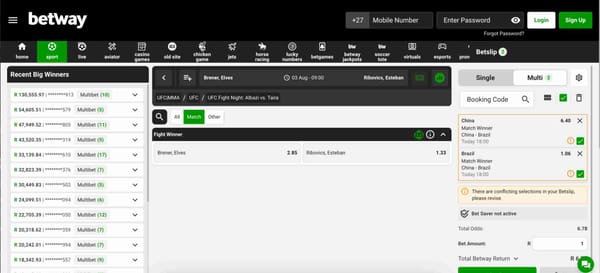 Betway sports betting interface showing UFC fight odds for Brener vs. Ribovics.