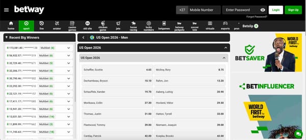 Betway sports betting odds for US Open 2026 showing golf player selections and example of where a dead heat could apply.