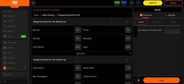 Screenshot of betting odds for the Hungarian Grand Prix on 888sport, showing potential winnings and options—helpful for those asking how much you can put on 888sport super boost.