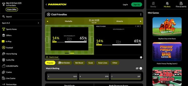 Parimatch Club Friendlies match screen showing win probabilities for Marbella vs Almeria, useful for understanding if Parimatch does full time result include extra time.