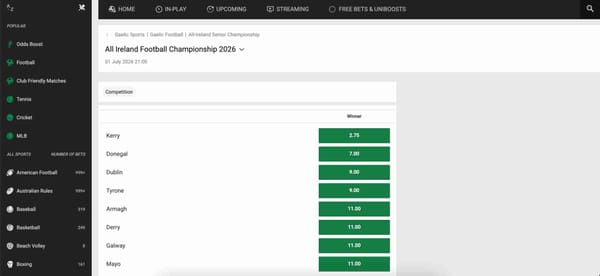 Unibet betting odds for the All Ireland Football Championship 2026 showing Kerry as the favorite – does Unibet accept Airtel Money for placing these bets?