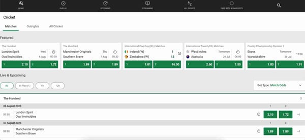 Cricket betting odds and upcoming matches on Unibet showing interface functionality – relevant to the question “does VPN work with Unibet”.