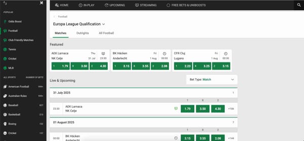 Unibet Europa League Qualification match odds showing full time result betting options—useful for understanding if Unibet does full time result include extra time.