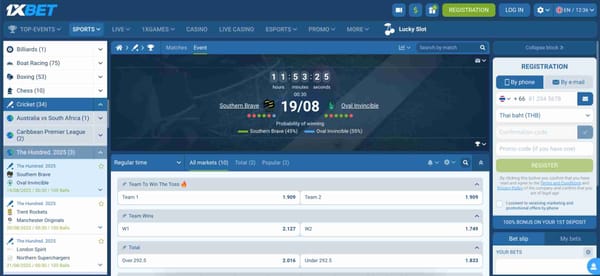 1xBet cricket betting odds for The Hundred 2025 match between Southern Brave and Oval Invincible – is 1xBet legal in India?