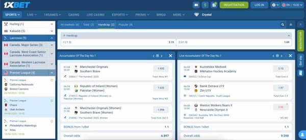 Screenshot of the 1xBet betting platform showing lacrosse odds and handicap options, helpful for users asking “does 1xBet accept Chime” for deposits.
