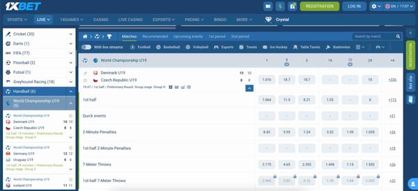 Live betting interface on 1xBet showing World Championship U19 handball match odds, helpful for users checking 1xBet Venmo withdrawal time before placing bets.