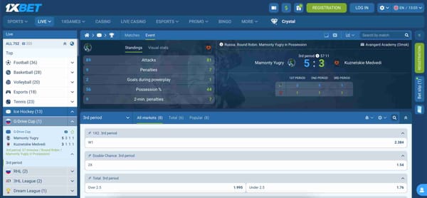 Live ice hockey match interface on 1xBet showing real-time stats and betting odds, relevant to understanding 1xBet deposit limit time frame for in-play betting.