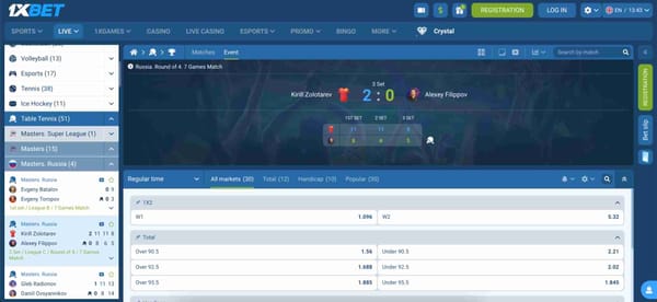 Live 1xBet table tennis match between Kirill Zolotarev and Alexey Filippov with betting options, helpful for understanding when do 1xBet bonus bets expire.