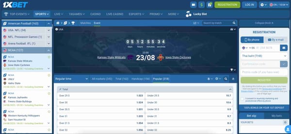 1xBet NCAA football betting page showing Kansas State Wildcats vs Iowa State Cyclones with GCash deposit option in the Philippines
