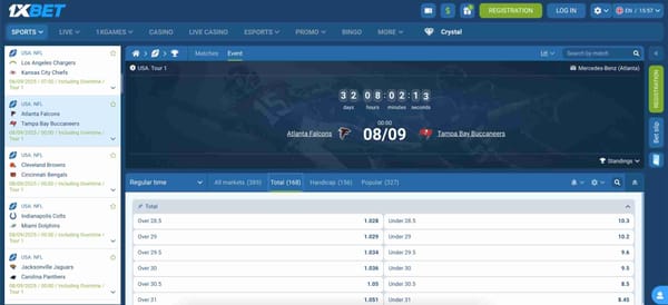 NFL betting interface on 1xBet showing upcoming games and over/under totals, helpful if you're troubleshooting issues like “1xBet your details weren't recognised.”