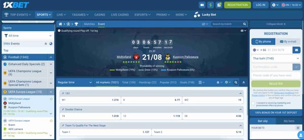 UEFA Europa League betting screen on 1xBet showing how to change odds format and match details for Midtjylland vs Kuopion Palloseura.