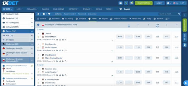 Screenshot of 1xBet’s tennis betting interface showing upcoming matches and odds, useful for users researching does 1xBet accept Visa gift cards and how to place bets.