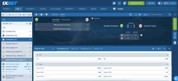 1xBet live volleyball match view for EcoPayz deposit users in Malaysia