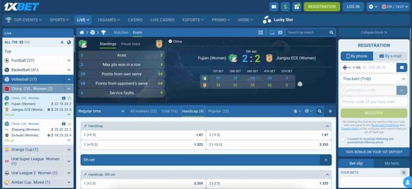 1xBet live betting screen showing China CVL Women’s volleyball match between Fujian and Jiangsu with score details – relevant for 1xBet how long for bank transfer article.